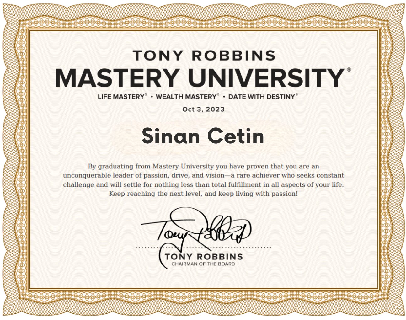 Tony Robbins — Mastery University Certificate